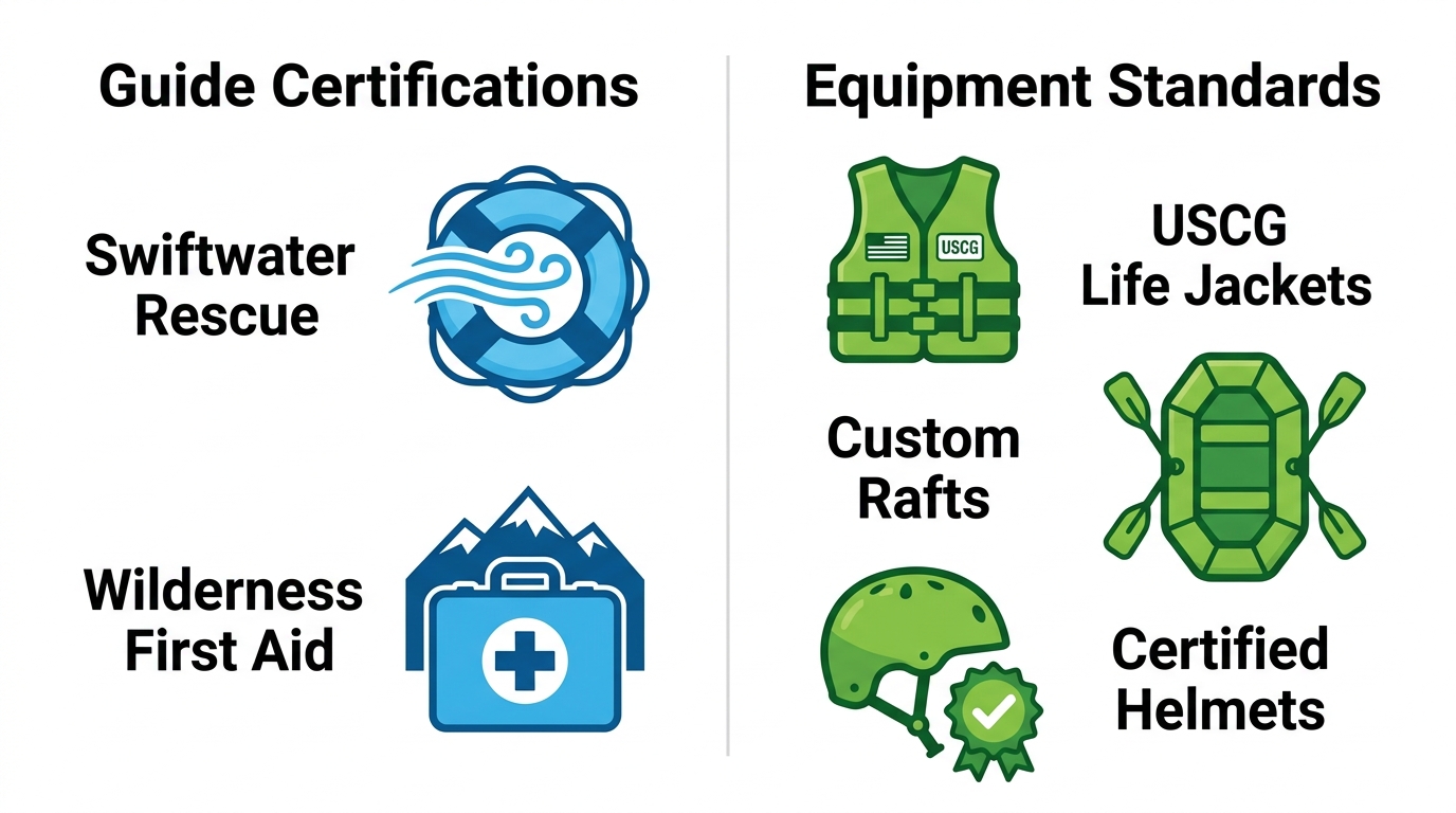 Infographic showing rafting guide certifications (Swiftwater Rescue, Wilderness First Aid) and equipment standards (USCG Life Jackets, Custom Rafts, Certified Helmets) with flat blue and green icons on a white background.