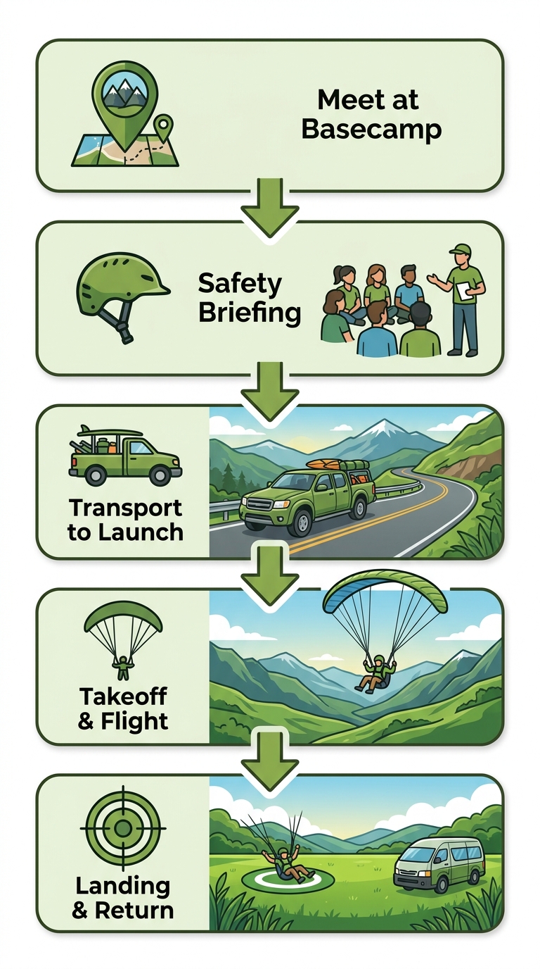 Vertical process flow diagram showing five connected stages of a paragliding day: meet at basecamp, safety briefing, transport to launch, takeoff and flight, landing and return