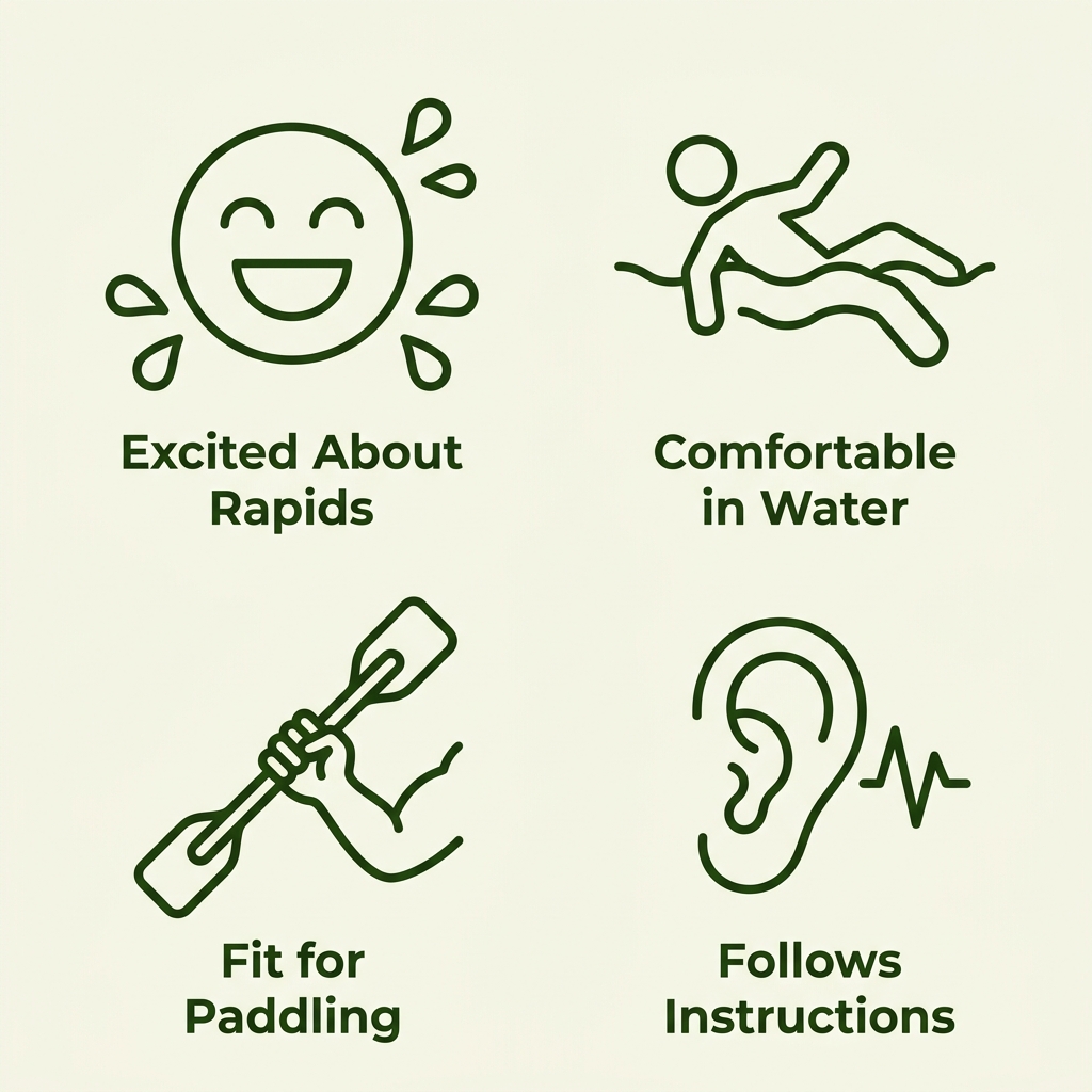 Four outlined jungle green icons on a light cream background arranged in a 2×2 grid, each labeled: smiling face with splash drops, person floating in water, arm holding a paddle, and an ear with a listening wave, representing whitewater readiness signs
