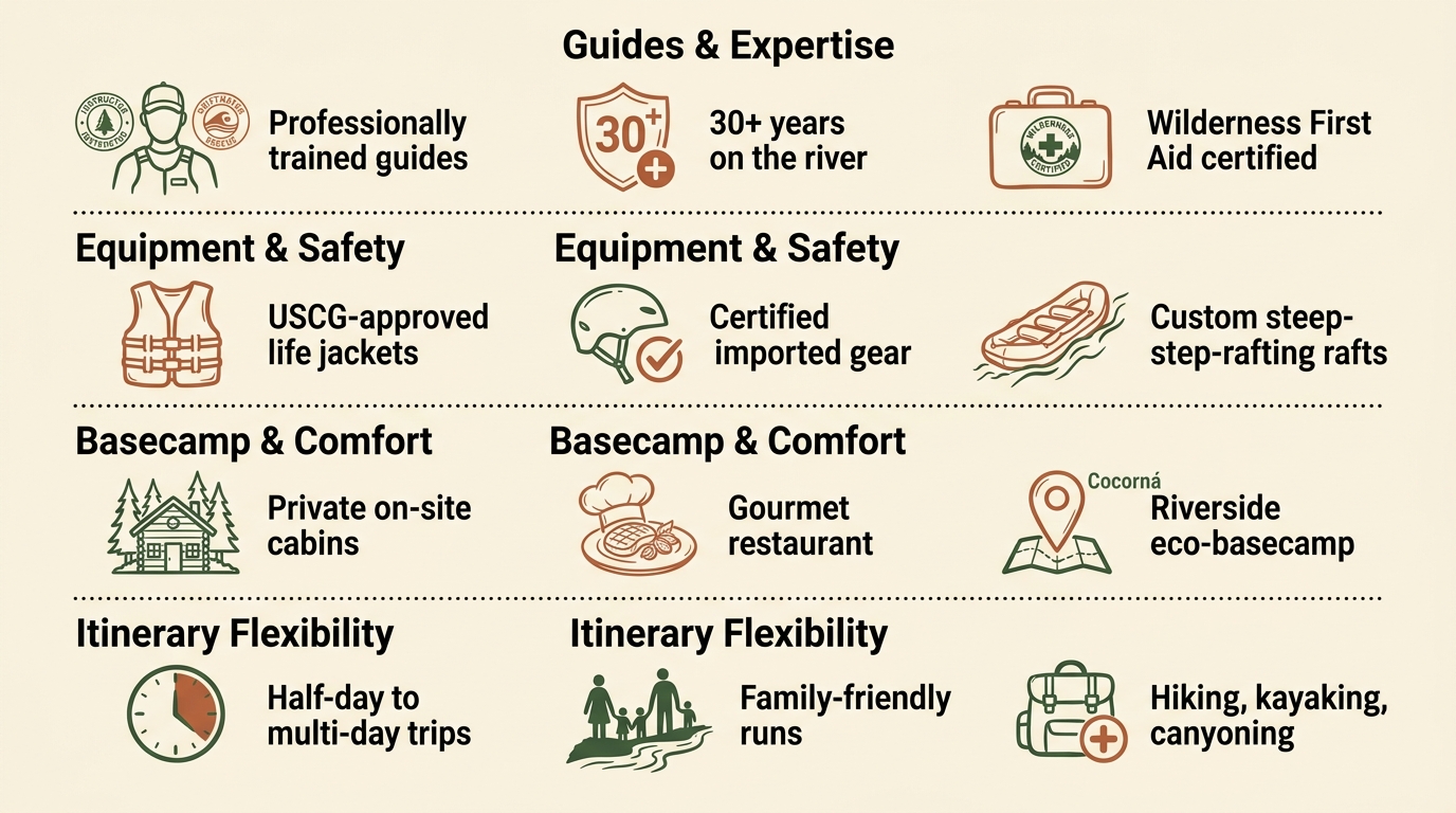 Infographic with four horizontal sections — Guides & Expertise, Equipment & Safety, Basecamp & Comfort, and Itinerary Flexibility — each showing three forest-green and terracotta icons with dark charcoal labels on a soft cream background.