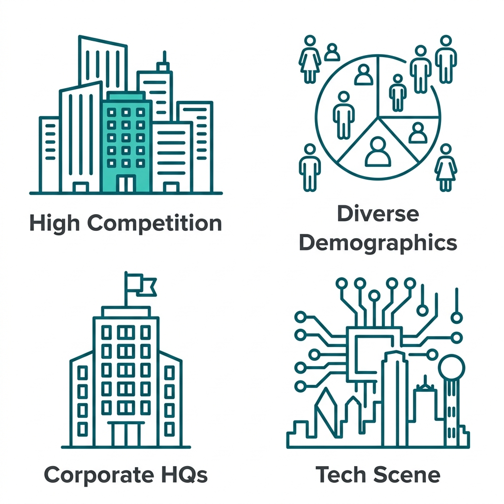 Four outline icons representing Dallas-specific social media factors: High Competition, Diverse Demographics, Corporate HQs, and Tech Scene.