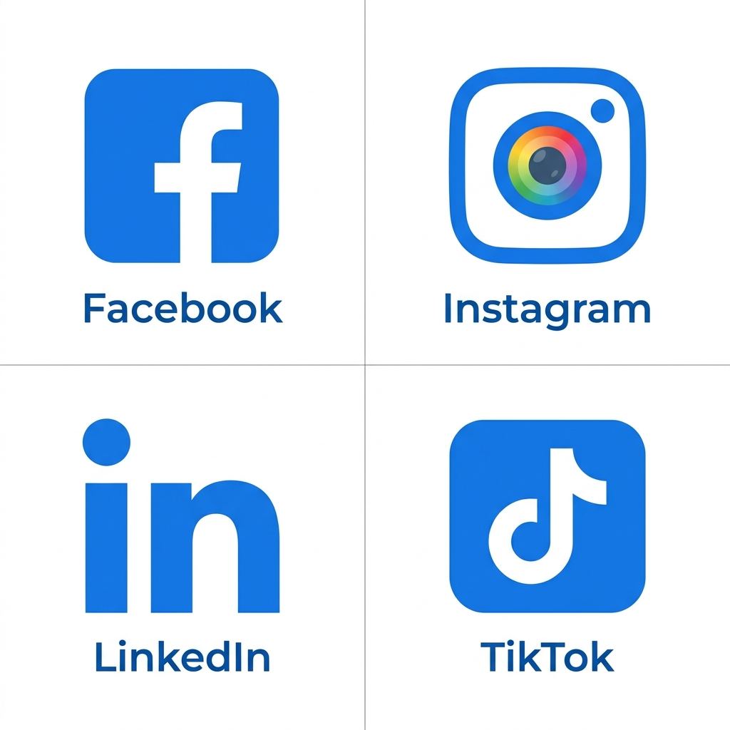 Clean flat icon set of four social media platforms: Facebook, Instagram, LinkedIn, and TikTok, shown as blue glyphs on a white background