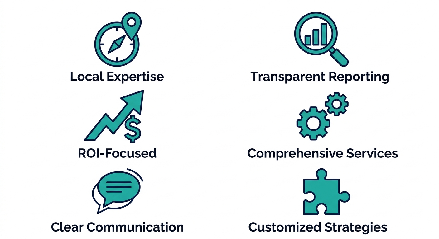 Flat icon set on a white background showing six factors for choosing a Dallas social media marketing agency: local expertise, transparent reporting, ROI focus, comprehensive services, clear communication, and customized strategies, drawn in teal and navy.