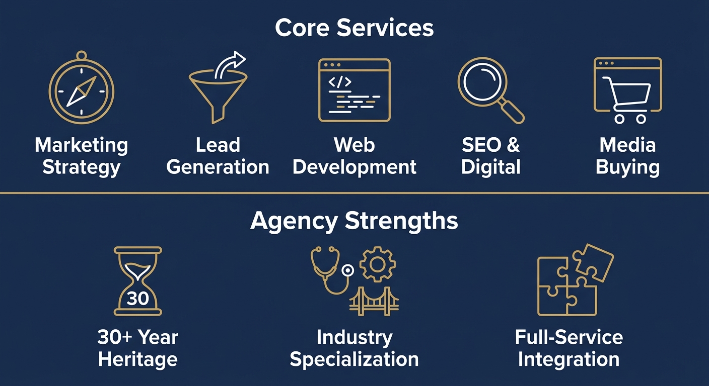 Infographic showing Lead Climber Marketing Group's core services and agency strengths on a navy background with gold icons and white labels.