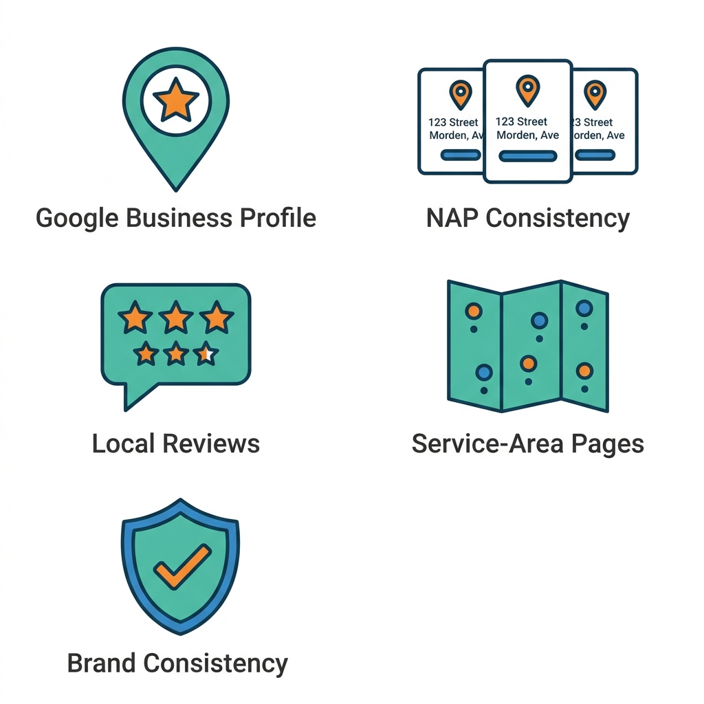 Five flat icons on white background showing Denver SEO practices: Google Business Profile, NAP Consistency, Local Reviews, Service-Area Pages, Brand Consistency.