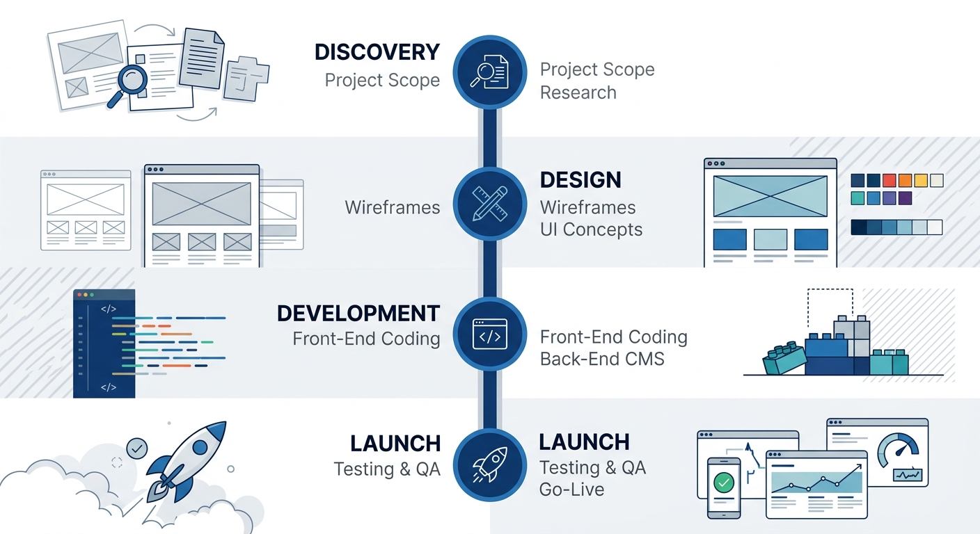 Vertical timeline showing four phases of a custom website design project: Discovery, Design, Development, Launch