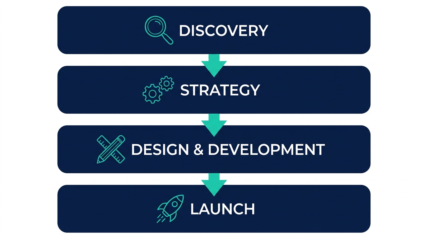 Vertical process flow diagram showing four stages of custom website design for Denver businesses: Discovery, Strategy, Design & Development, and Launch, in deep navy and vibrant teal with icons and downward arrows
