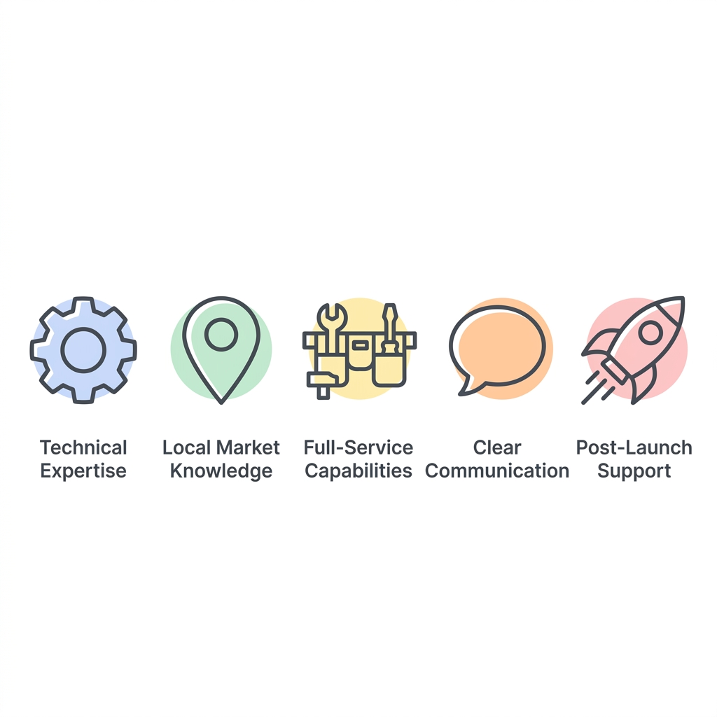 Icon set showing five key criteria for selecting a Denver web development partner: technical expertise, local market knowledge, full-service capabilities, clear communication, and post-launch support.