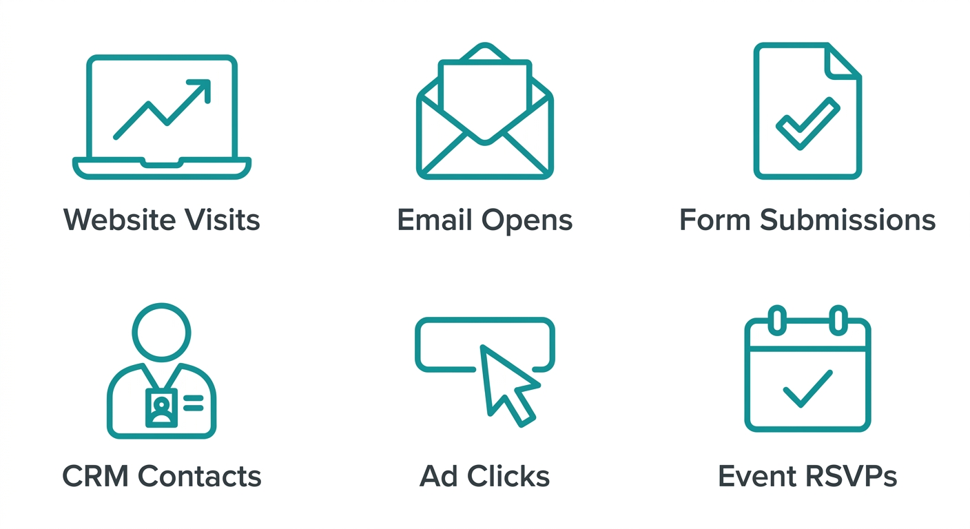 Grid of six outline icons on white background: laptop with graph for Website Visits, open envelope for Email Opens, checkmark on document for Form Submissions, person silhouette with badge for CRM Contacts, cursor over button for Ad Clicks, calendar with checkmark for Event RSVPs.
