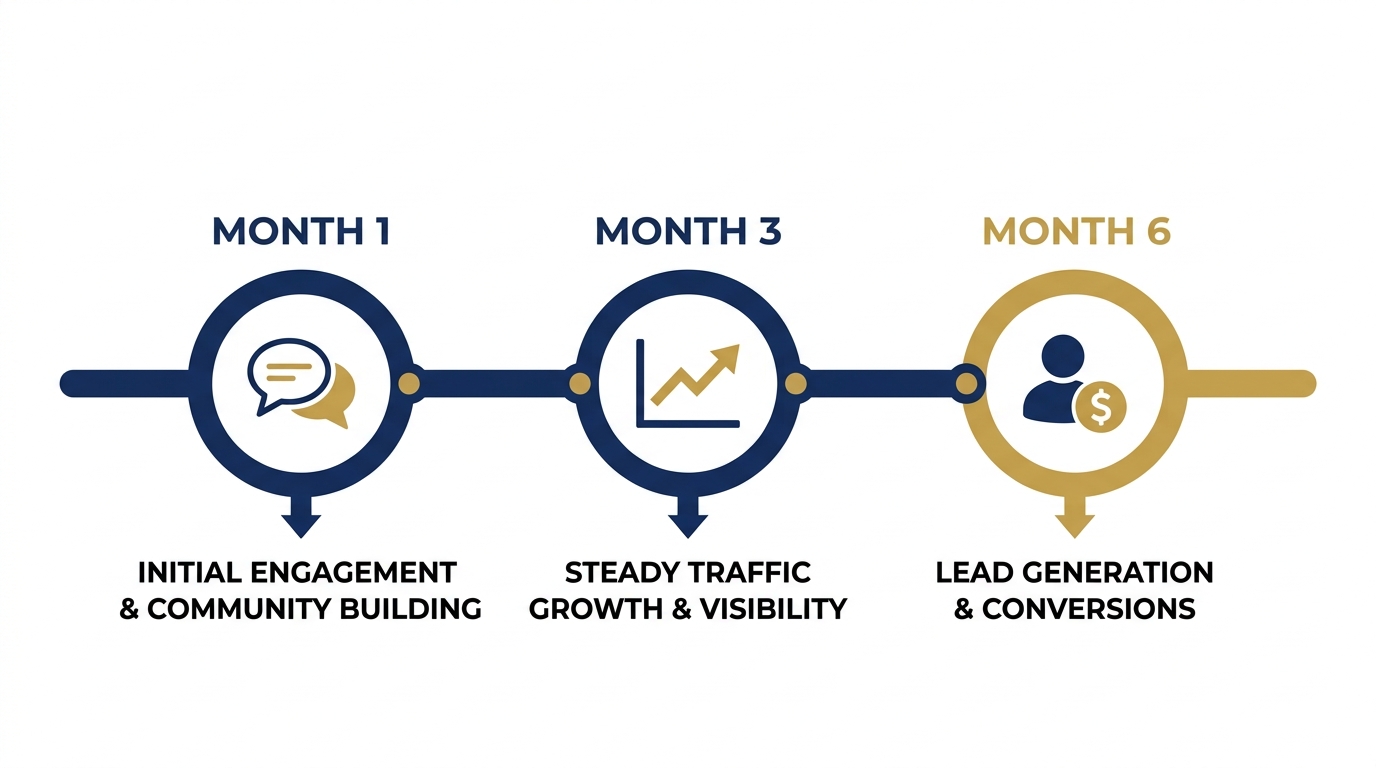 Horizontal timeline with three circular markers showing Month 1 engagement, Month 3 traffic, and Month 6 lead generation results for Denver social media campaigns
