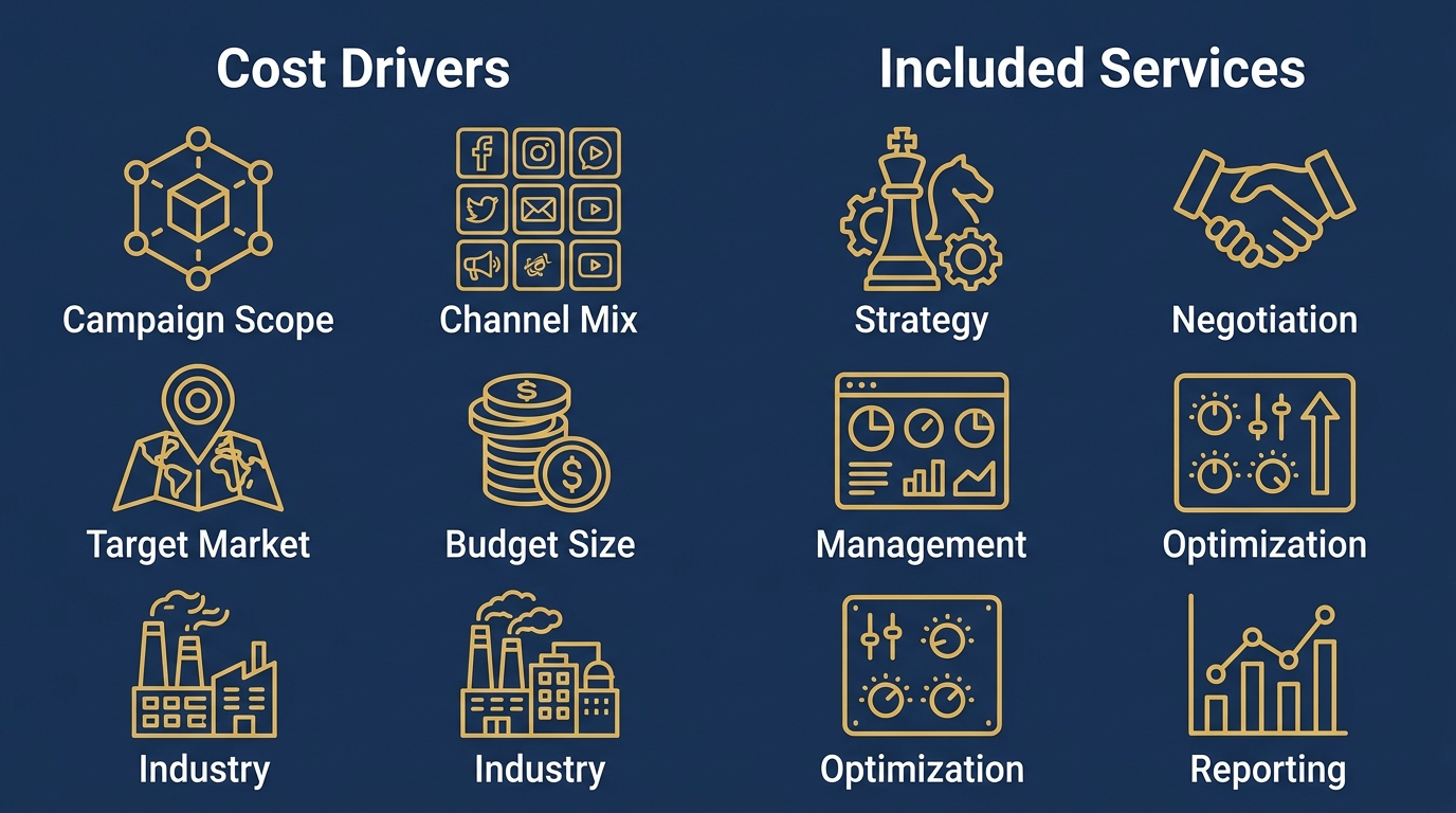 Two-column infographic on navy blue background with gold outline icons showing cost drivers of media buying and included services, with white labels.