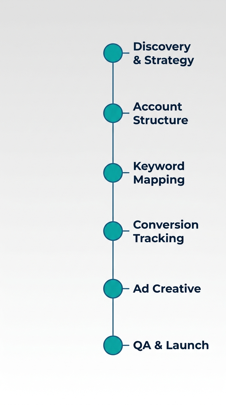Vertical timeline showing six stages of a Google Ads campaign launch, from discovery through launch, with teal milestone dots and dark blue labels on a soft gradient background.