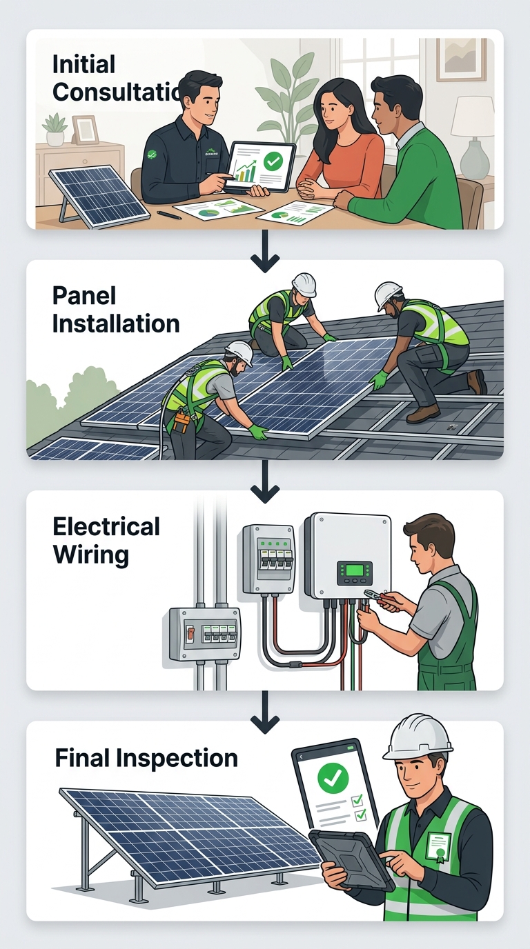 Photorealistic vertical process flow illustration showing four large rounded-corner stages connected by arrows: [Stage 1] through [Stage 4], with vibrant green active highlights and soft gray inactive states on a pure white background. NO TEXT.
