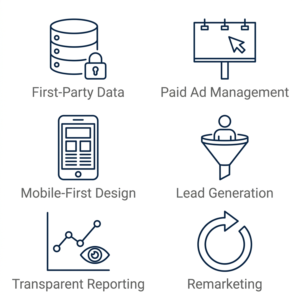 Six minimalist dark blue outline icons on white background representing digital services: First-Party Data, Paid Ad Management, Mobile-First Design, Lead Generation, Transparent Reporting, and Remarketing, each with a short gray label underneath.