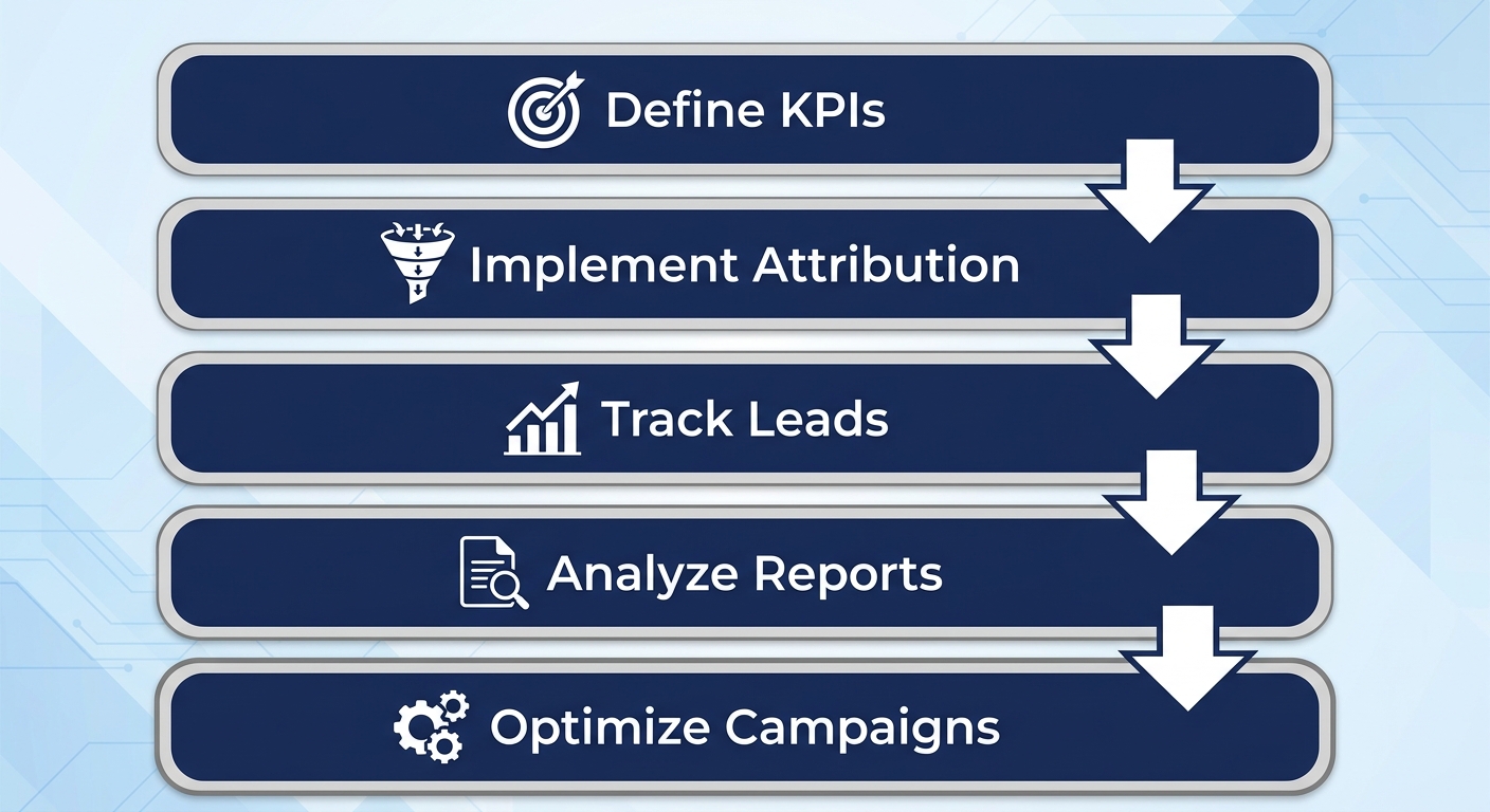 Vertical process flow diagram showing five stages of ROI measurement for investor-focused campaigns from Define KPIs to Optimize Campaigns.