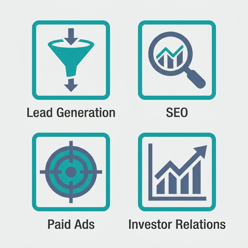Icon set showing four core services: lead generation with funnel, SEO with magnifying glass and chart, paid ads with target, investor relations with upward trend chart