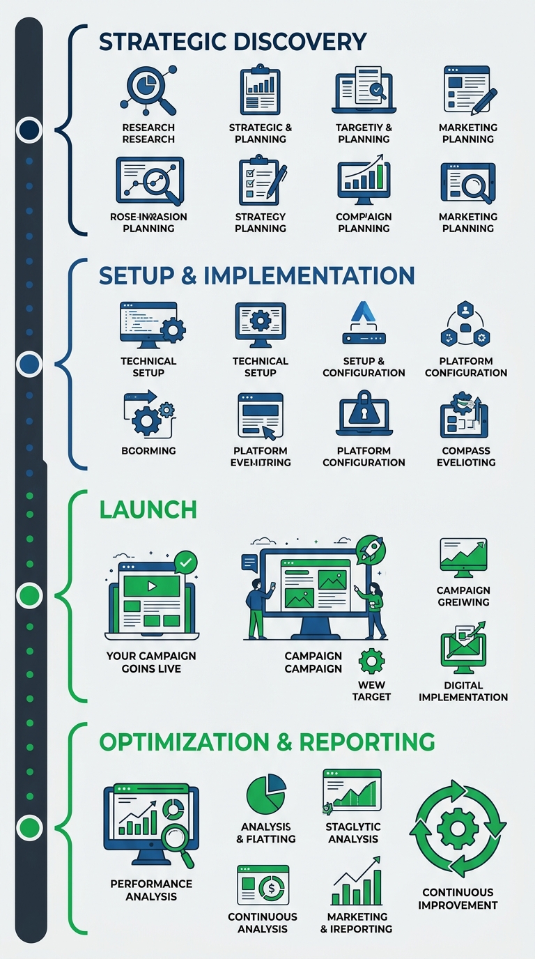 Vertical timeline showing four phases of digital marketing campaign implementation: Strategic Discovery, Setup & Implementation, Launch, and Optimization & Reporting.