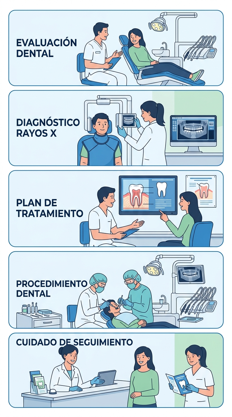 Proceso dental de 5 etapas con ilustraciones limpias en azul médico, verde suave y blanco puro