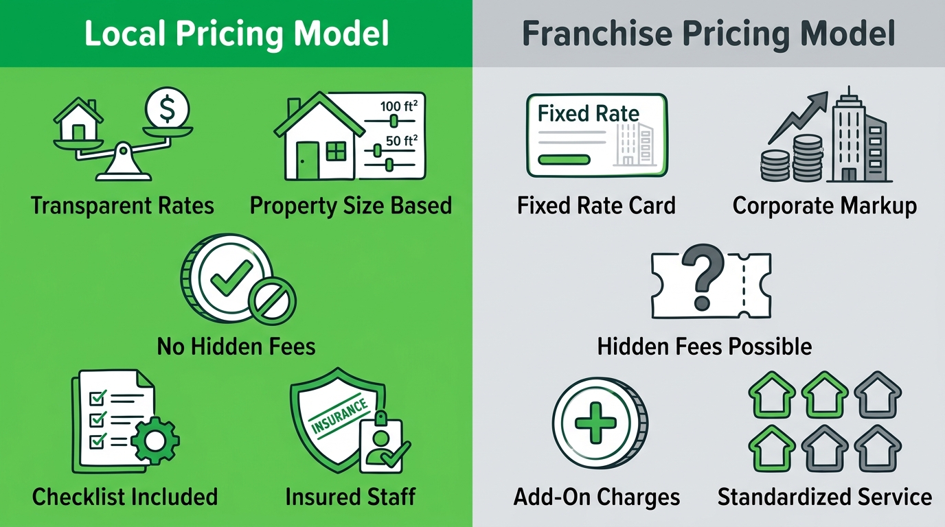 Two-column infographic comparing local transparent pricing model (left, green icons) with franchise pricing model (right, grey icons). Five attributes listed per column: Transparent Rates, Property Size Based, No Hidden Fees, Checklist Included, Insured Staff for local; Fixed Rate Card, Corporate Markup, Hidden Fees Possible, Add-On Charges, Standardized Service for franchise.