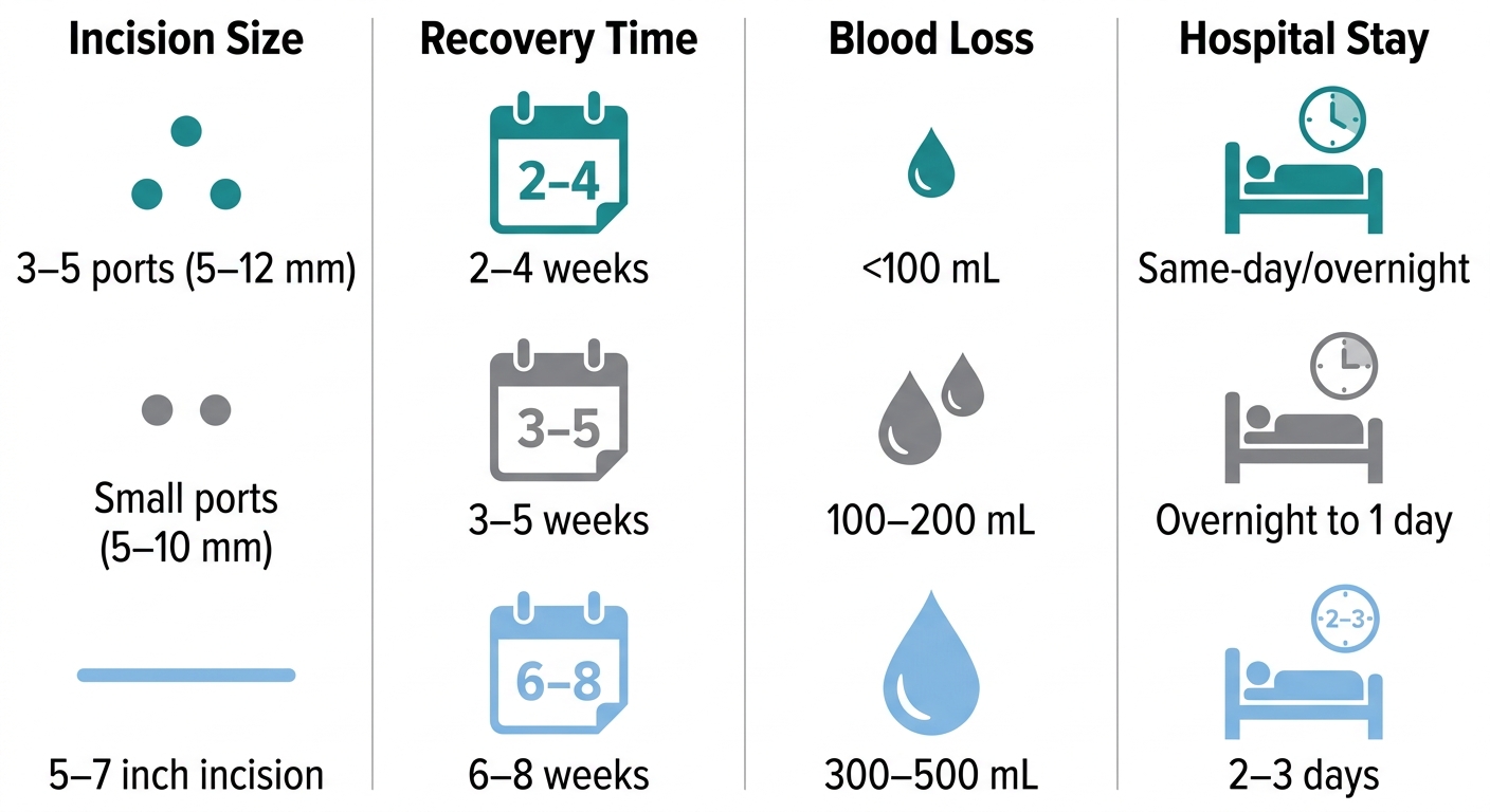 Infographic comparing robotic, laparoscopic, and open hysterectomy across Incision Size, Recovery Time, Blood Loss, and Hospital Stay metrics with icons and labels.