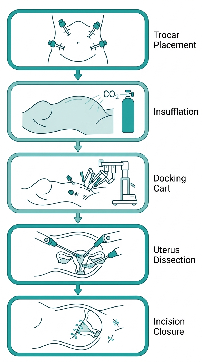 Vertical process flow of robotic-assisted hysterectomy: five steps from Trocar Placement to Incision Closure, medical illustration style.