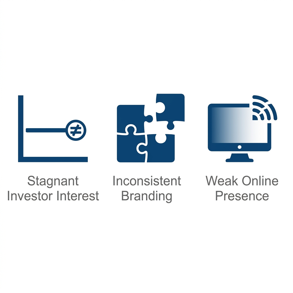Icon set of three flat vector illustrations on white background: graph with stagnation symbol, mismatched puzzle pieces, monitor with fading screen, labeled in gray text.