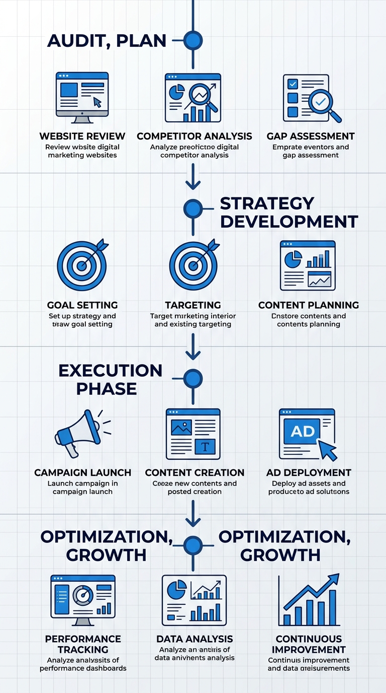 Vertical timeline for Patriot Pulse Digital marketing services showing four phases: Audit, Strategy, Execution, Optimization