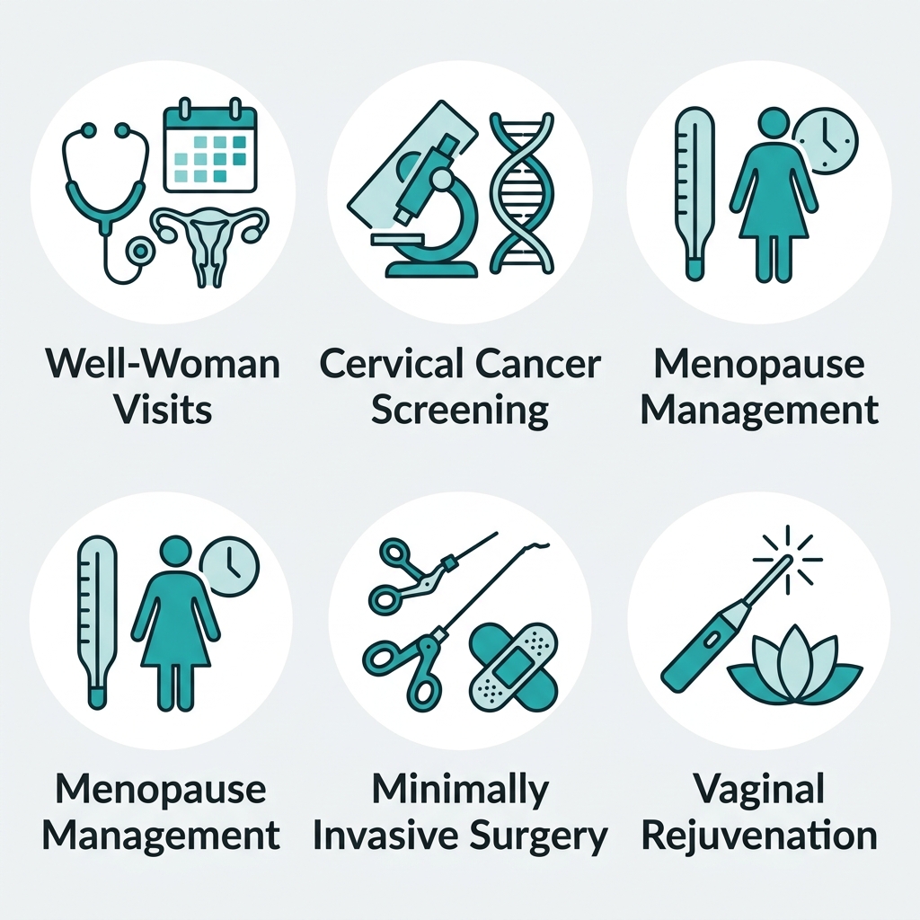 Five flat design icons representing women's health services: Well-Woman Visits, Cervical Cancer Screening, Menopause Management, Minimally Invasive Surgery, and Vaginal Rejuvenation.