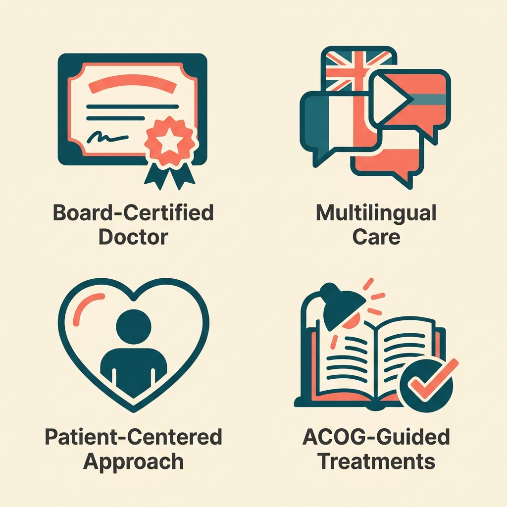 Icon set illustrating menopause care services including board-certified doctor, multilingual care, patient-centered approach, and ACOG-guided treatments.