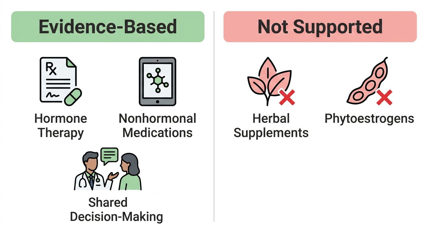 Two-column medical infographic comparing evidence-based menopause treatments (Hormone Therapy, Nonhormonal Medications, Shared Decision-Making) on green left column versus unsupported treatments (Herbal Supplements, Phytoestrogens) on red right column, with icons.