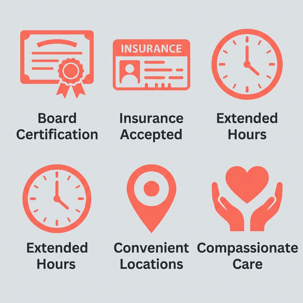 Five icons representing key factors for choosing an OBGYN: board certification, insurance, extended hours, locations, and compassionate care.