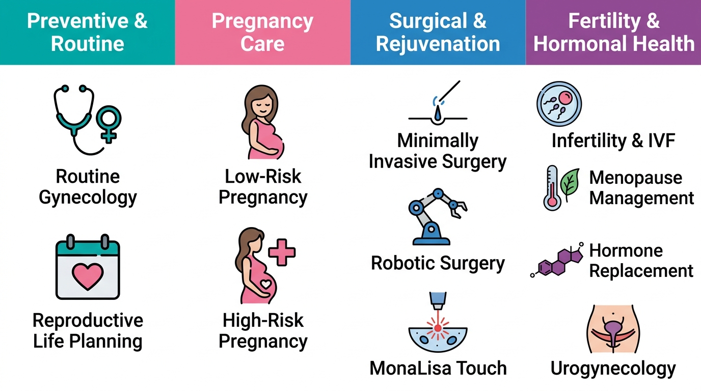 Infographic chart of comprehensive OB/GYN services at First Class OBGYN, with four color-coded columns: Preventive & Routine in teal, Pregnancy Care in pink, Surgical & Rejuvenation in blue, Fertility & Hormonal Health in purple, each containing icons and short labels.