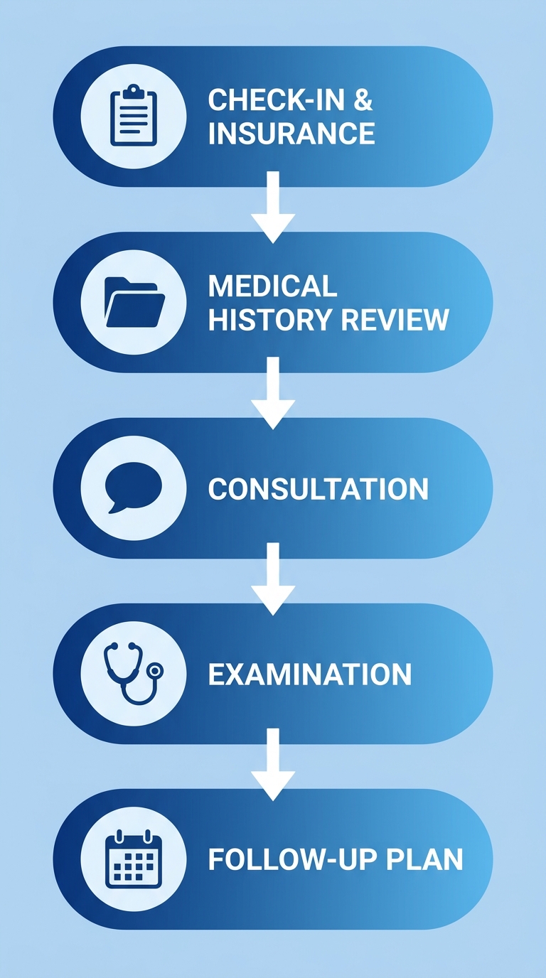 Vertical process flow of a first gynecology visit at First Class OBGYN showing five stages from check-in to follow-up plan