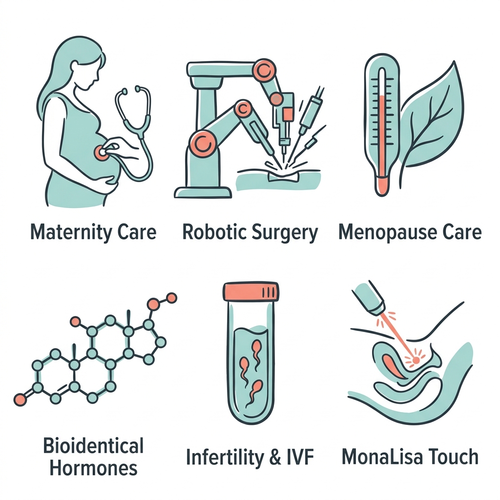 Icon set showing six women's health services: Maternity Care, Robotic Surgery, Menopause Care, Bioidentical Hormones, Infertility & IVF, and MonaLisa Touch.