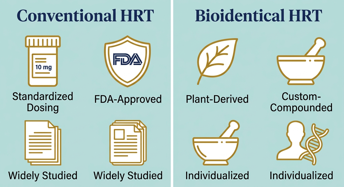 Two-column infographic comparing Conventional HRT and Bioidentical HRT with three attributes each: Standardized Dosing, FDA-Approved, Widely Studied for Conventional; Plant-Derived, Custom-Compounded, Individualized for Bioidentical.
