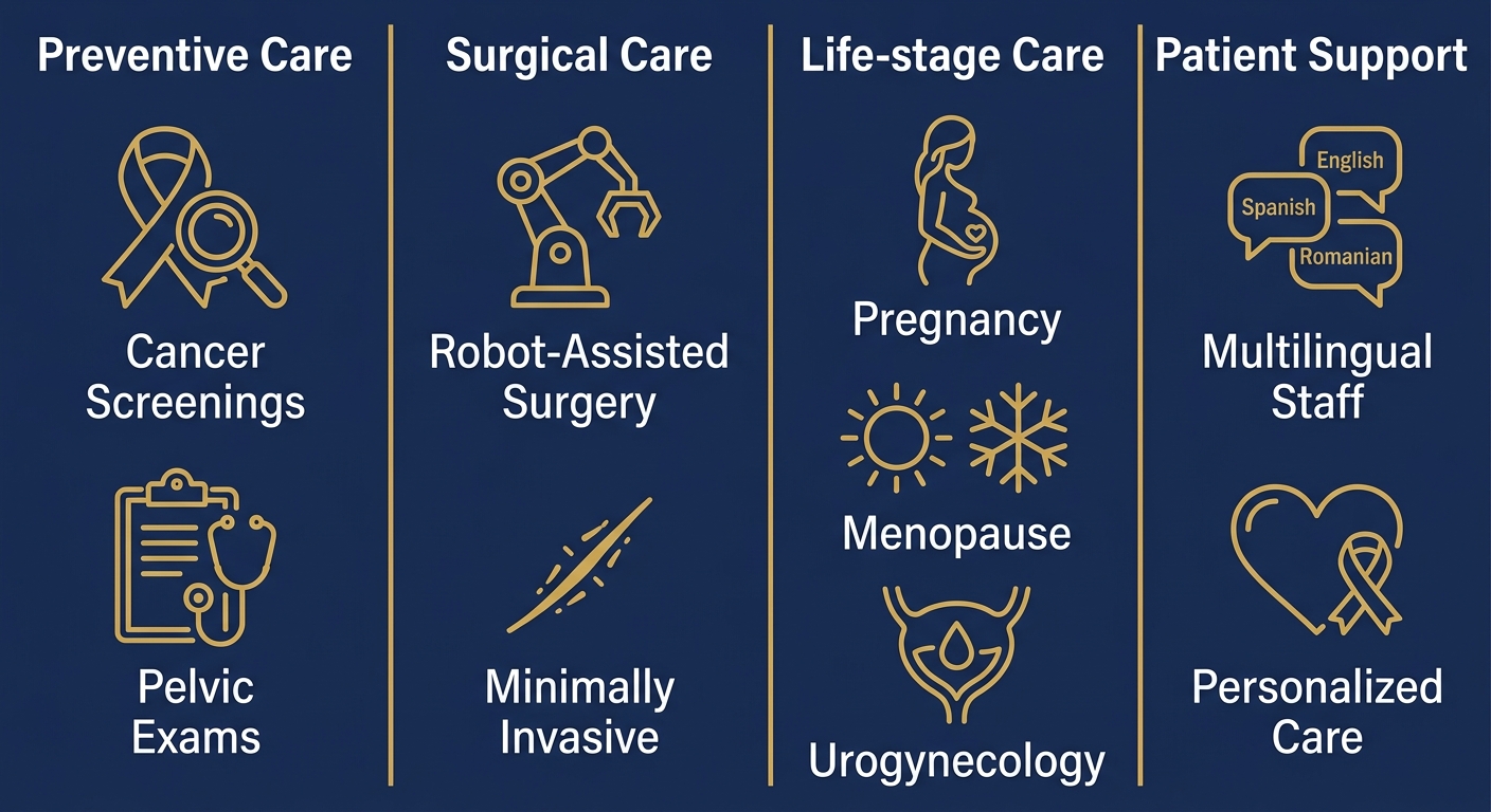 Infographic showing four categories of women's health services with icons and labels: Preventive Care, Surgical Care, Life-stage Care, Patient Support