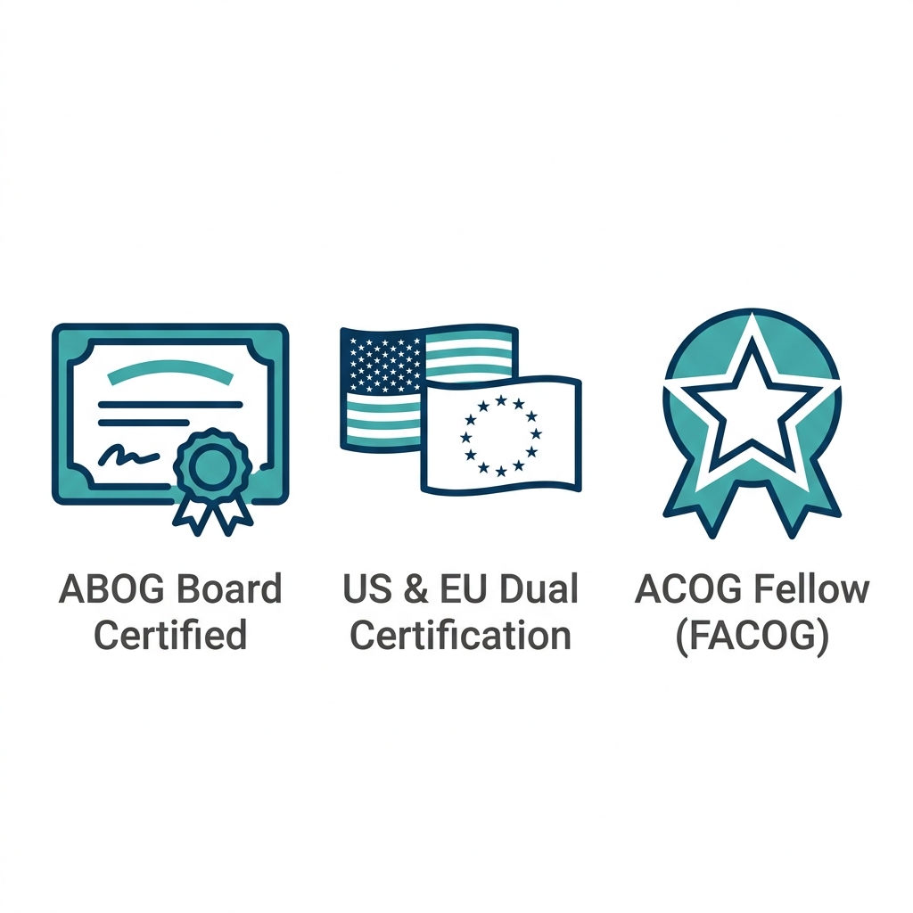 Three icons representing board certification credentials: ABOG Board Certified, US & EU Dual Certification, and ACOG Fellow.