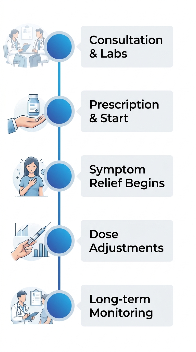 Vertical timeline showing five milestones in hormone therapy: consultation and labs, prescription and start, symptom relief begins, dose adjustments, and long-term monitoring.