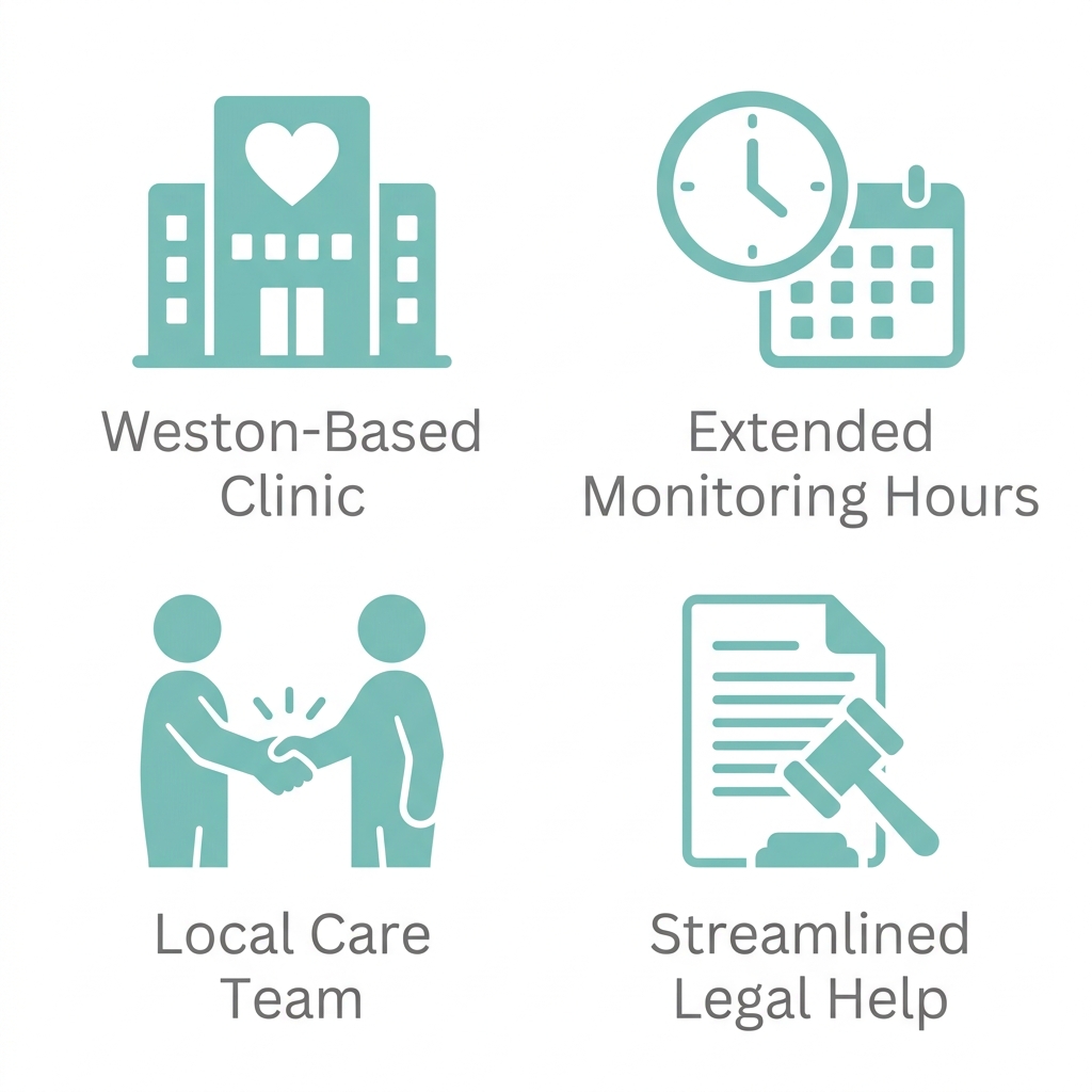 Icon set showing four features of Elite IVF Solutions' sperm donation and surrogacy services: Weston-Based Clinic, Extended Monitoring Hours, Local Care Team, Streamlined Legal Help.