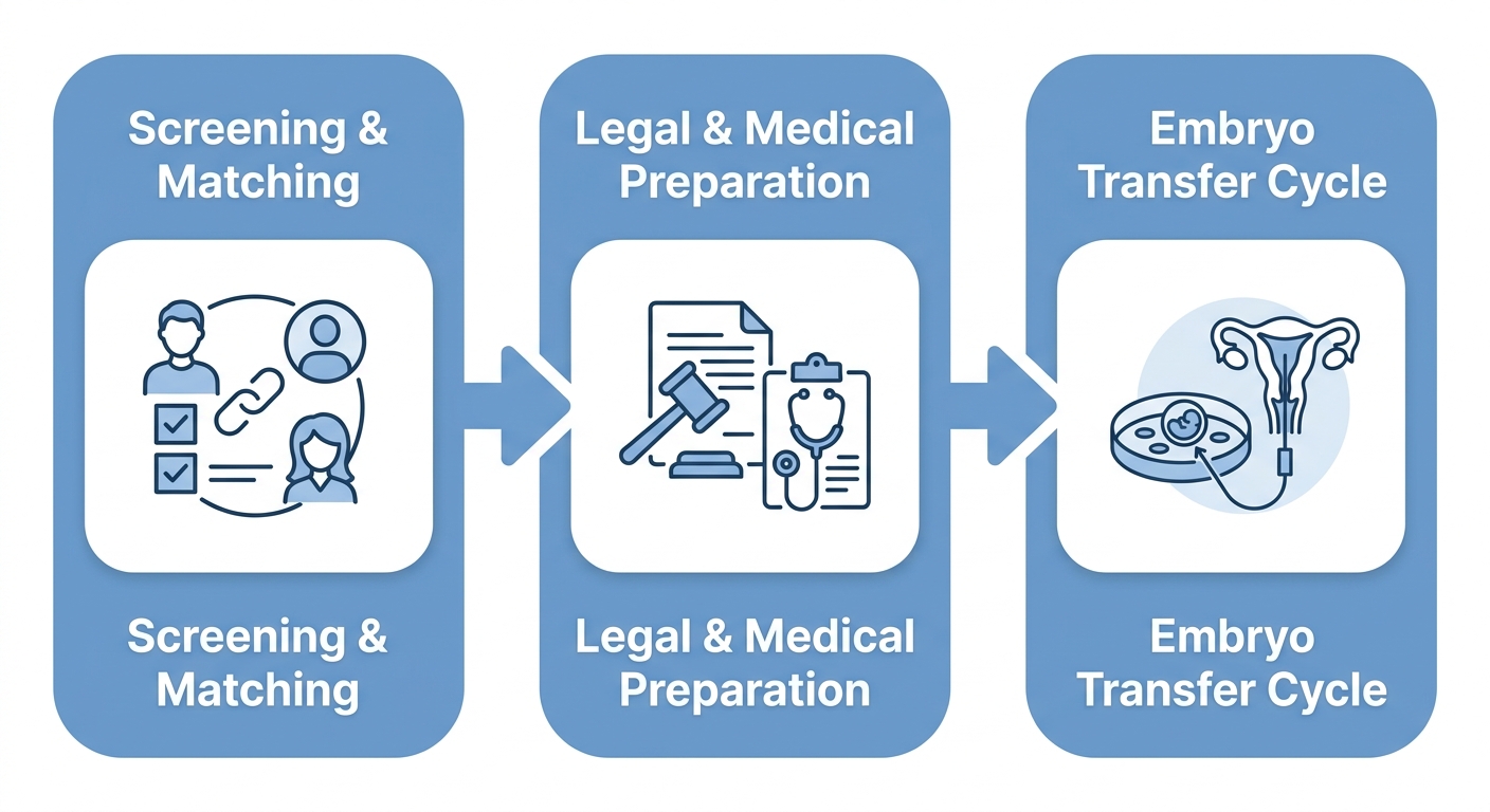 Horizontal process flow diagram showing three stages of sperm donation and gestational surrogacy: Screening & Matching, Legal & Medical Preparation, and Embryo Transfer Cycle, with icons and arrows on a soft blue background