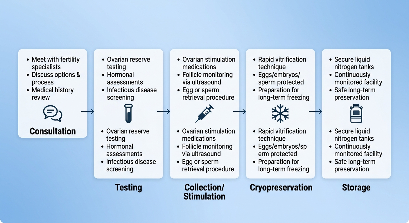 Timeline showing five stages of cryopreservation: consultation, testing, collection/stimulation, cryopreservation, and storage, with icons and arrows.