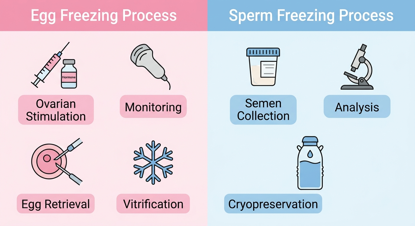 Two-column infographic comparing egg freezing and sperm freezing processes. Left pastel pink column has four steps: Ovarian Stimulation, Monitoring, Egg Retrieval, Vitrification. Right pastel blue column has three steps: Semen Collection, Analysis, Cryopreservation.