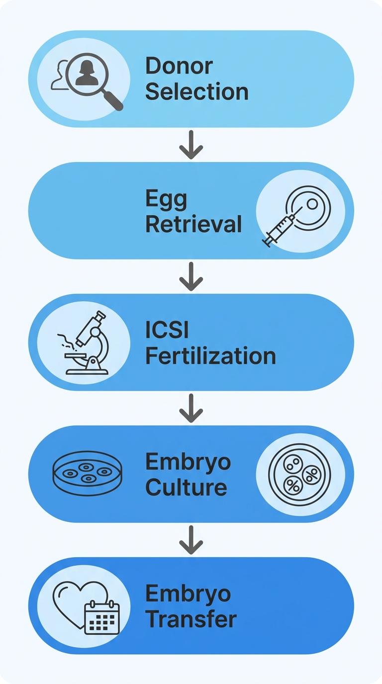 Five-step vertical flow diagram of donor egg IVF process from donor selection to embryo transfer, with blue gradient stages and icons.