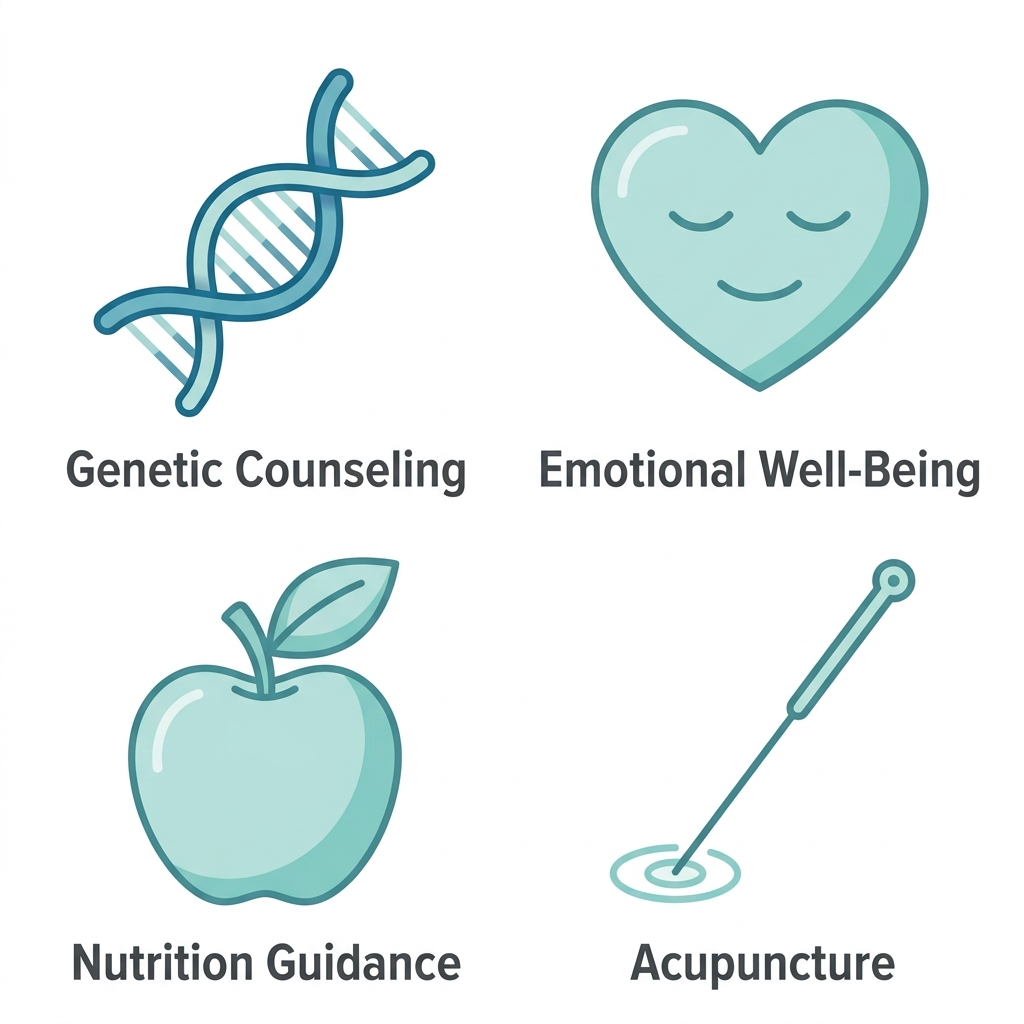 Icon set for Elite IVF Solutions displaying genetic counseling, emotional well-being, nutrition guidance, and acupuncture icons