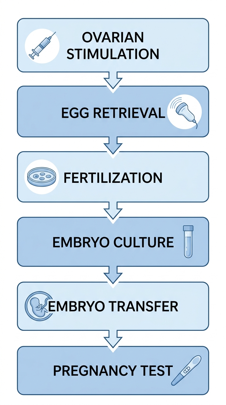 IVF treatment process flow showing six stages from ovarian stimulation to pregnancy test, with medical icons and arrows in soft blue and white professional illustration style.