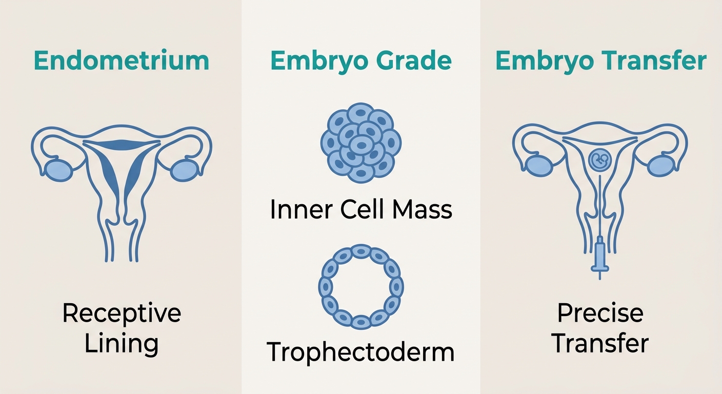 Infographic showing three columns: Endometrium with icon of uterus lining, Embryo Grade with icons of inner cell mass and trophectoderm, and Embryo Transfer with icon of catheter placing embryo.