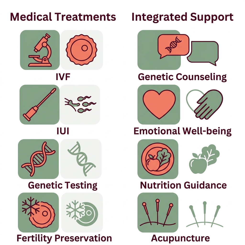 Icon set showing fertility services: Medical Treatments with IVF, IUI, Genetic Testing, Fertility Preservation icons, and Integrated Support with Genetic Counseling, Emotional Well-being, Nutrition Guidance, Acupuncture icons.