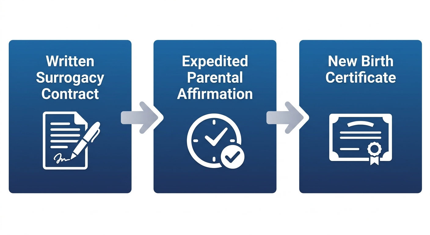 Horizontal process flow diagram showing three stages of Florida surrogacy law: Written Surrogacy Contract, Expedited Parental Affirmation, and New Birth Certificate.