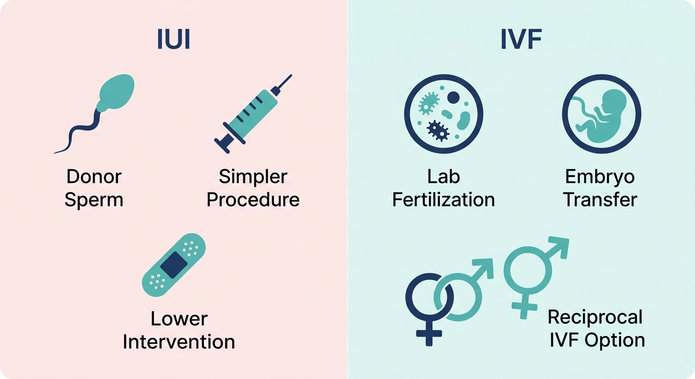 Two-column infographic comparing IUI and IVF for LGBTQ couples, with icons and labels for each pathway.