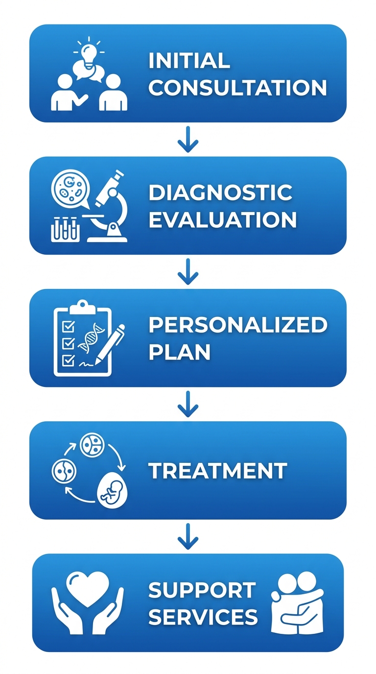 Vertical process flow showing five steps: Initial Consultation, Diagnostic Evaluation, Personalized Plan, Treatment, Support Services for fertility treatment.